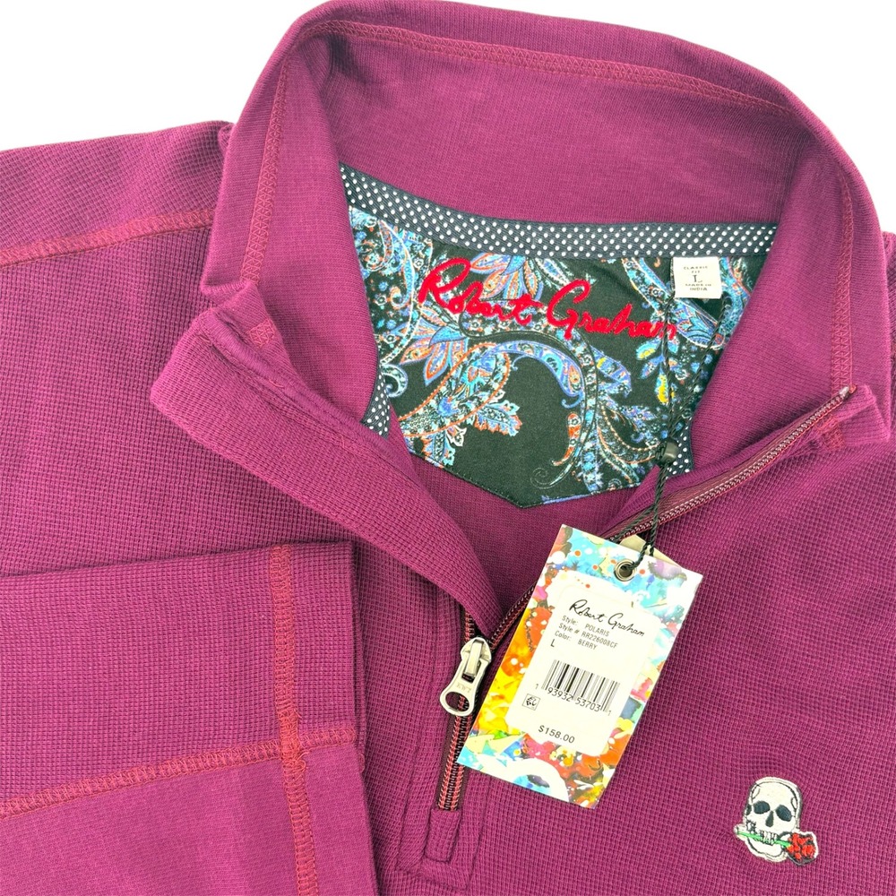 Robert Graham Men's Berry Polaris Embroidered Skull Quarter Zip Pullover‎ Large
